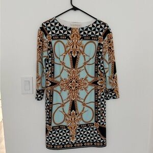 Boston Proper Blue Sheath Dress with Cuffed 3/4 Sleeves